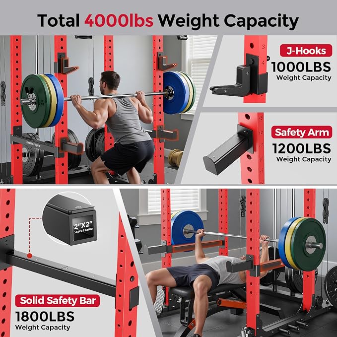 SPORTSROYALS Power Rack, Multi-Functional Power Cage, Squat Rack with Pulley System & LAT Pull Down, Workout Cage with J Hooks for Home Gym