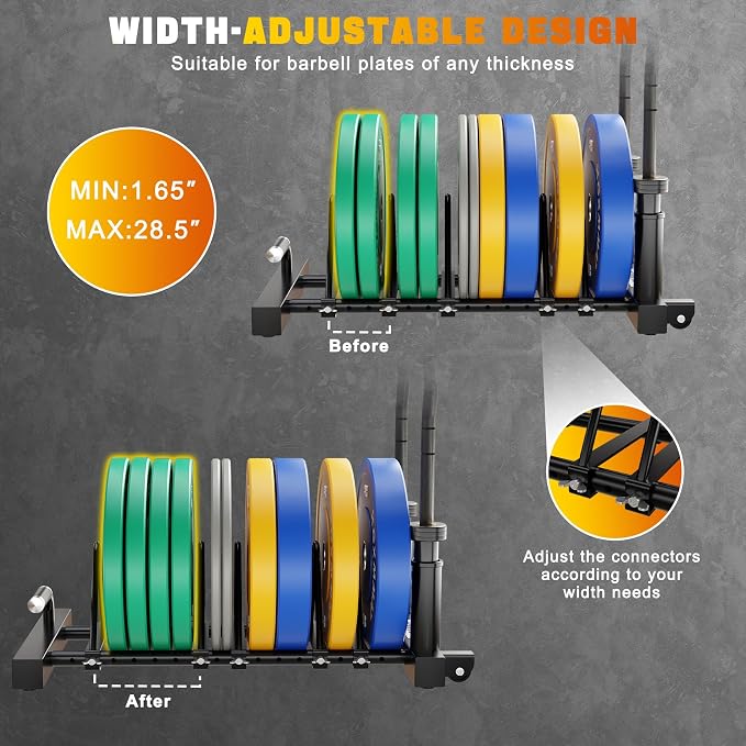 GXMMAT Horizontal Olympic Weight Plate Rack | 330lbs Capacity Powder-Coated Steel Frame | 4 Plate Storage Slots + 2 Barbell Holders | Adjustable Slot Spacing | Includes Wheels & Non-Slip Handles