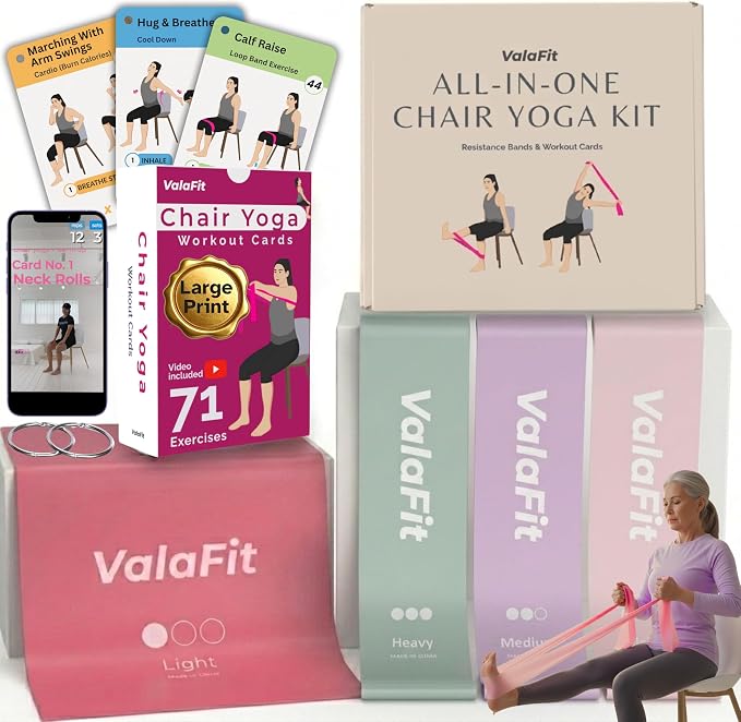[All-in-One Kit] Chair Yoga for Seniors Over 60 | Cards + Bands + QR Videos | 71 Large Print Durable Cards • 6 Guided Flows • Build Mobility, Balance, Strength & Cardio • Gift for Parents & Grandparents