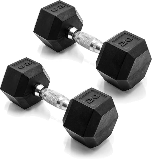 CAP Rubber Coated Dumbbell Weights, Free Weights for Home Gym Strength Training, Anti-Roll Hex Dumbbells with Black, Chrome & Comfort Grip Handles, Pairs & Sets