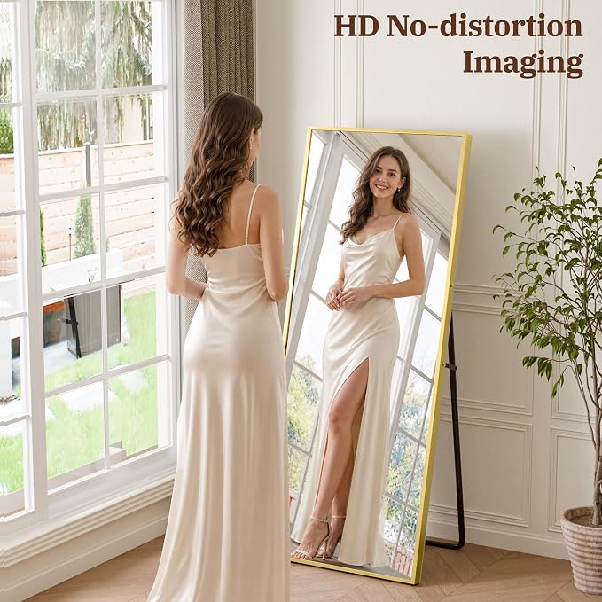 56"×18" Full Length Mirror, 2 Pcs Shatterproof Tempered Glass Floor Mirror, Alum Alloy Thin Frame Standing Mirror with Freestanding/Leaning/Wall Mount for Bedroom, Living Room & Entryway, Gold