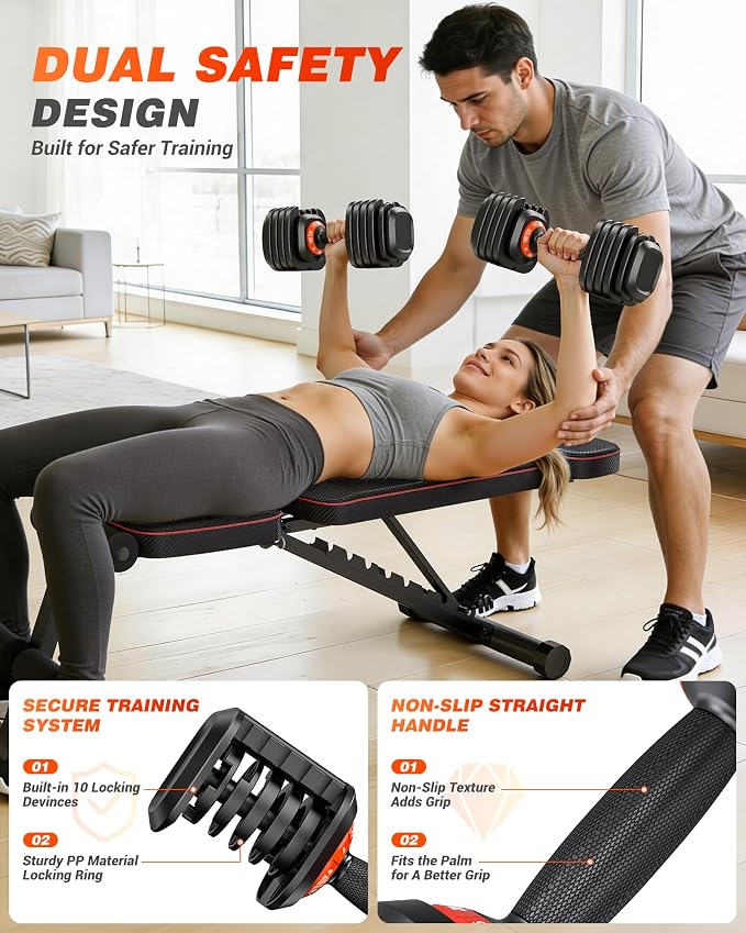 Rendpas Adjustable Dumbbell Set for Home Gym Strength Training | 25/55/80LB Pair, 10-in-1/16-in-1 Weight Set, 1-Sec Quick Adjust, Non-Slip Knurled Grip, Dual-Lock Safety, Space-Saving Tray