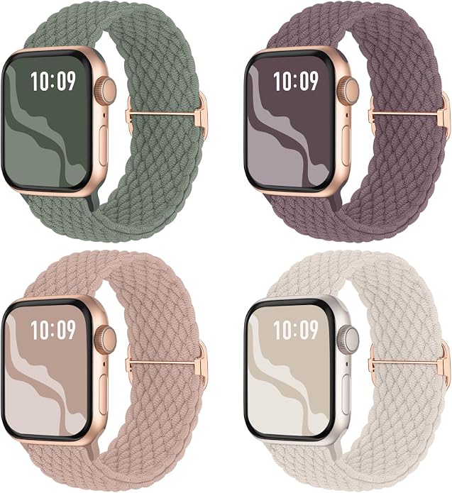 4 Pack Braided Stretchy Bands Compatible with Apple Watch 40mm 41mm 38mm 42mm 44mm 45mm 46mm 49mm Women Men, Breathable Nylon Elastic Daily Use Straps for iWatch Series 11/10 9 8 7 6 5 4 3 SE/Ultra 2