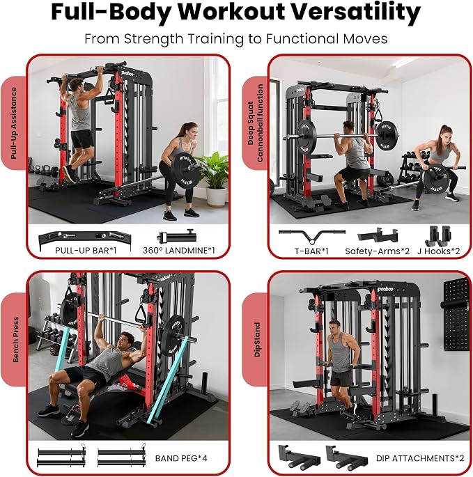 pooboo Multi-Functional Machine Power Cage, 2000LB Squat Rack, LAT-Pull Down System, Dual Pulley Cable Crossover System, Home Gym Workout Machine with Strength Training Attachments