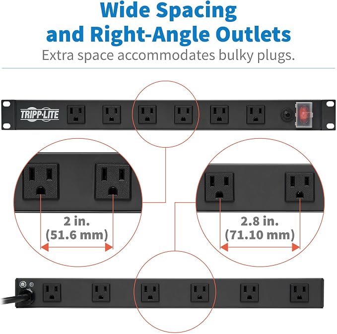 Eaton Tripp Lite 12-Outlet 1U Rack Mount Power Strip PDU, Six Front & Six Rear Facing Outlets, 15A, 120V, 15ft Extension Cord with Flat Plug, Rackmount for DJ Equipment and Server Racks (RS1215-RA)
