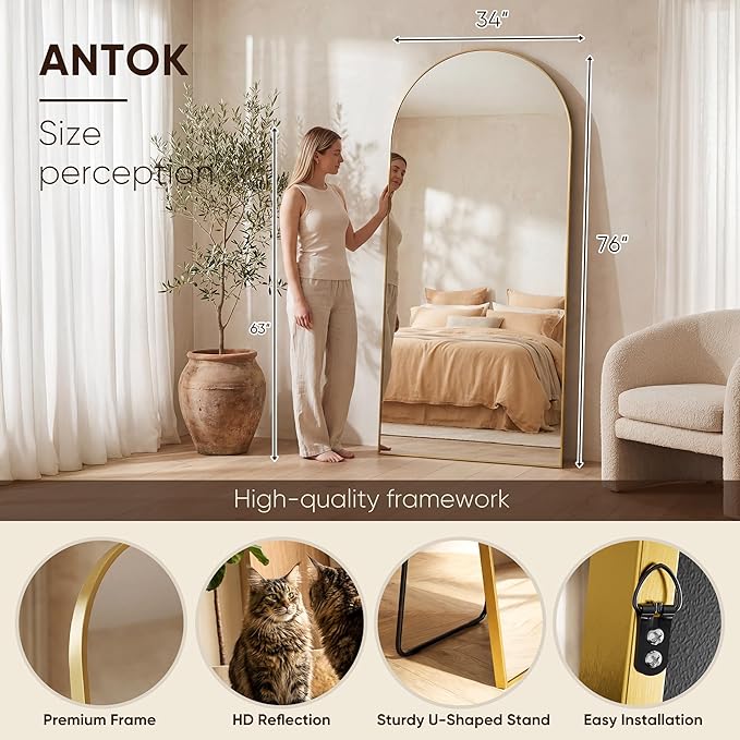 Antok 76" x34” Arched Full Length Floor Mirror, Gold Aluminum Frame, Free Standing/Wall Mount/Leaning for Bedroom, Living Room, Dressing Room