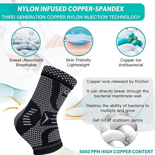 INDEEMAX Copper Ankle Brace Ankle Compression Sleeve Support Ankle Brace for Women & Men, Achilles Tendonitis Brace, Plantar Fasciitis, Sports, Silver Black, M