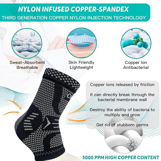 INDEEMAX Ankle Brace Compression Sleeve for Women & Men, Ankle Support Copper Infused Ankle Brace for Sprained Ankle, Plantar Fasciitis Sports, Achilles Tendonitis Pain Relief, Sliver Black, S