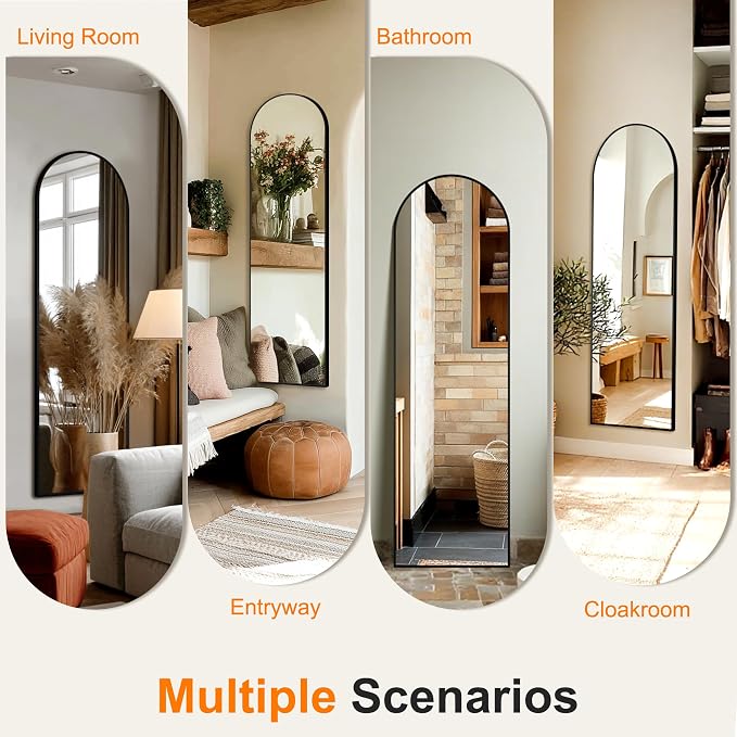 TRAHOME Arched Full Length Mirror, 56"x15" Standing Body Mirror for Wall, with Aluminum Alloy Frame for Bedroom, Living Room, Dressing Room(Black)