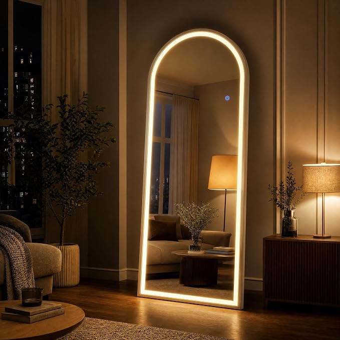 LED Arched Full Length Mirror with 3 Color Lighting 63"x20" | Floor Mirror with Dimming Aluminum Frame Standing Leaning or Hanging for Bedroom Cloakroom White