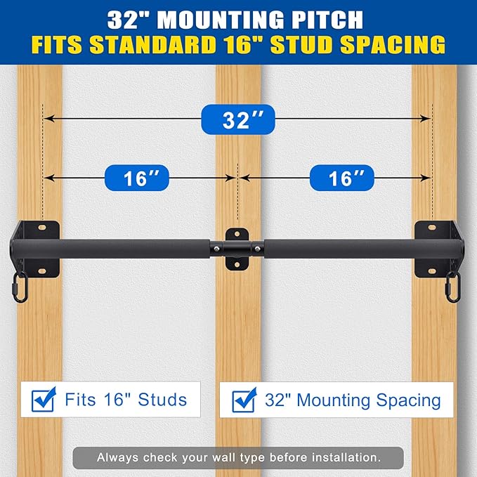 Kipika Wall Mounted Pull Up Bar - Heavy Duty 500 LB Capacity Doorway Chin Up Bar for Home Gym, Sturdy Steel Construction with Resistance Band Hooks | Hanging Exercise Bar for Full Body Workout