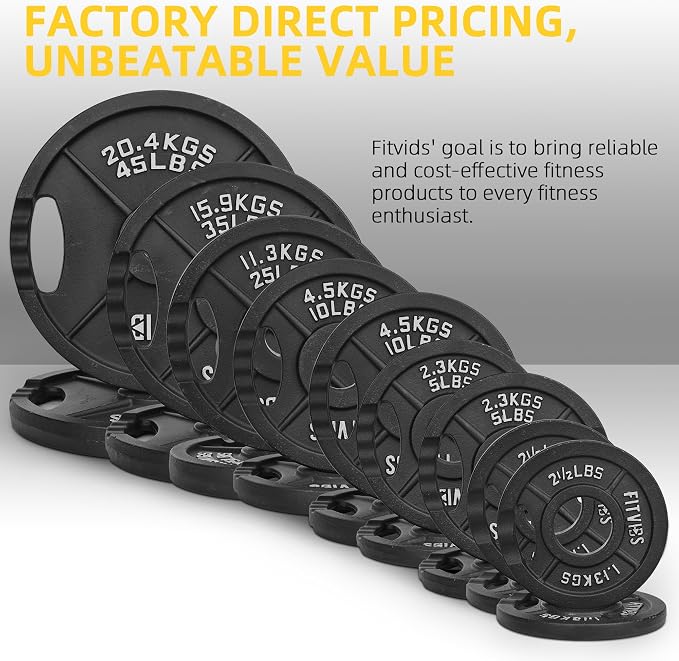 Fitvids Standard Cast Iron 1-Inch Weight Plates for Strength Training & Weightlifting, 35LB/70LB/120LB