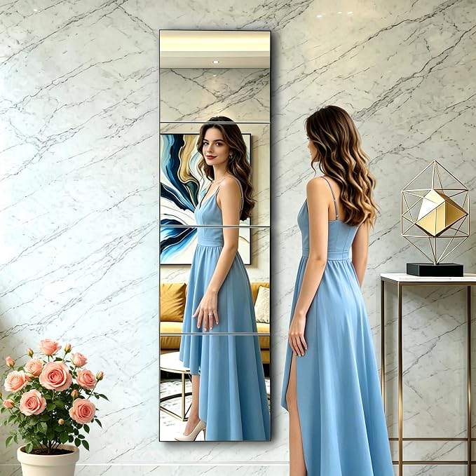 4-piece Glass Full Length Wall Mirror Tiles, 8 × 10 inch self-Adhesive Frameless Small Mirror Brick, Suitable for Home Gyms, bedrooms, Doors, and Bathroom Glass Mirrors (4Pcs 8 * 10)