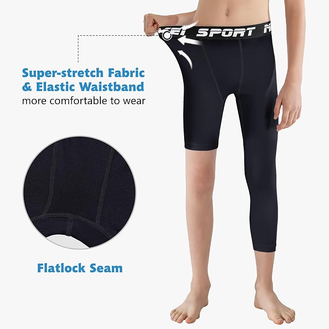 MIVEI One Leg Compression Tights Youth Boys Basketball Leg Sleeve | Kids Compression Pants Girls' Single Leg Tights 3/4 Leggings for Baseball Softball Soccer Running Football, Sports Base Layer