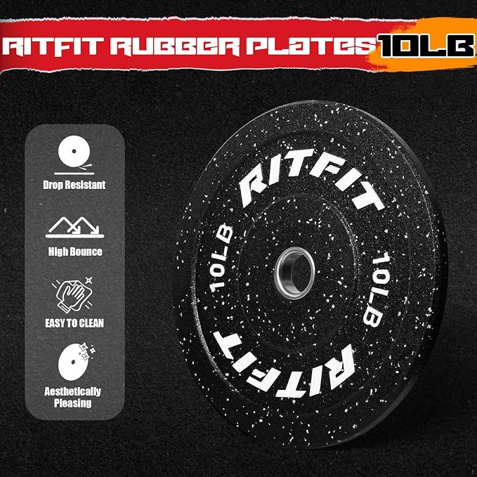 RitFit Bumper Plates, Colored Fleck-Rubber Weight Plates with Steel Insert, 2-inch Olympic Weight Plates for Weight Lifting and Strength Training