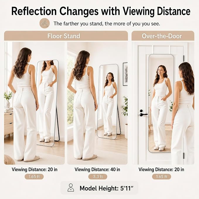 SCWF-GZ 57x20 Full Length Mirror Over The Door Hanging, Floor Stand/Wall Mounted Aluminum Alloy Frame Dressing Mirror for Bedroom Living Room 57 inch Silver