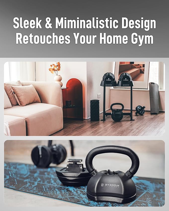 BYZOOM FITNESS Pure Series Adjustable Kettlebell 30/40/50LB - 5-IN-1 Weight Change, Patented Quick-Change Machenism, Ergonomic Curved Handle for Home Gym, Strength Training, HIIT, White OR Black