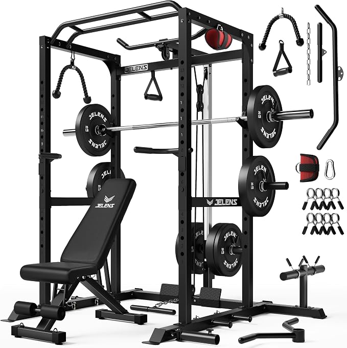 JELENS S21 Power Cage, Multi-Function Power Rack with Adjustable Cable Crossover System, 2000LBS Squat Rack for Home Gym with More Training Attachments