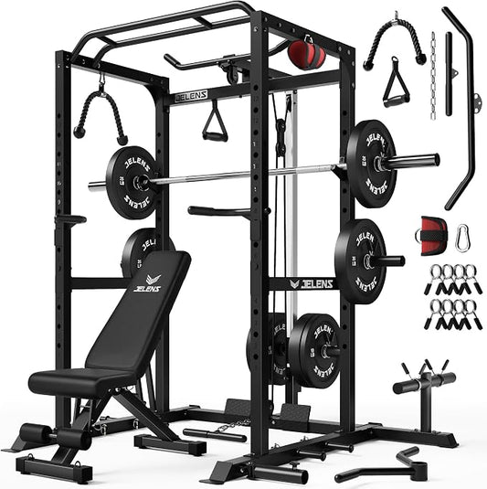 JELENS S21 Power Cage, Multi-Function Power Rack with Adjustable Cable Crossover System, 2000LBS Squat Rack for Home Gym with More Training Attachments