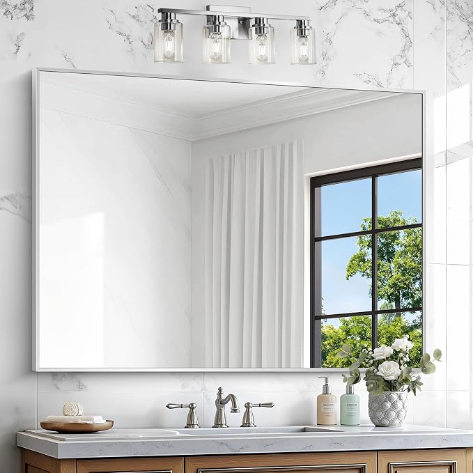 BONEWEI Silver Bathroom Mirror,36x48 inch Wall Mirror for Bathroom Wall Mounted,Large Rectangle Mirror for Bathroom Over Sink,Modern Metal Frame for Living Room,Bedroom Entryway,Horizontal/Vertical