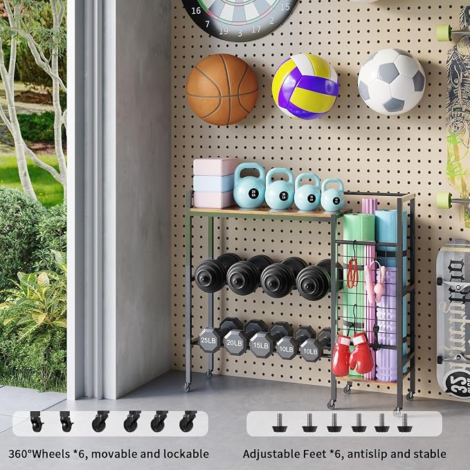 HavenlyYouth Dumbbell Rack, Home Gym Weight Rack Storage, Adjustable Dumbbell Stand Organizer with Wheels, Holds Dumbbells, Kettlebells, Yoga Mats