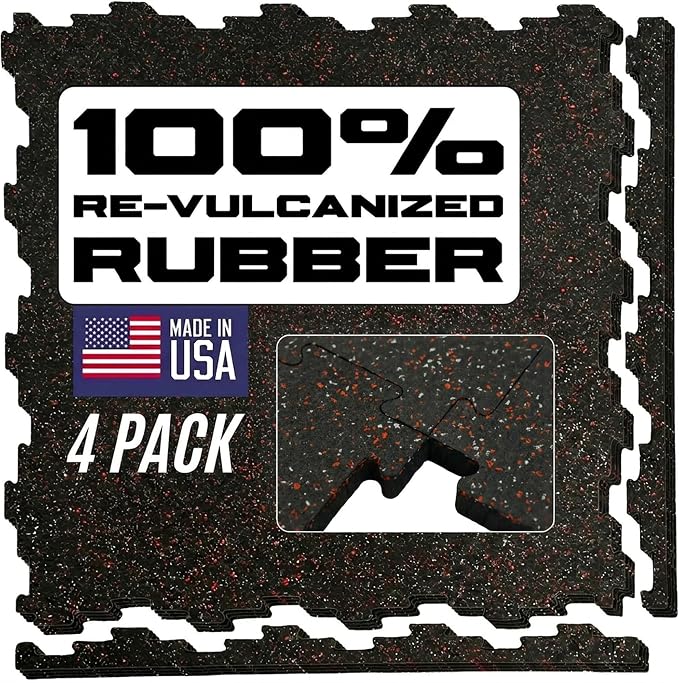 Interlocking Rubber Floor Tiles – Heavy Duty 100% Rubber Gym Flooring for Home Gym, Garage, Workout Room, Equipment Mats, Indoor/Outdoor Mats, Gray Fleck 4-Pack (4, Red/Gray, 22.5" x 22.5")