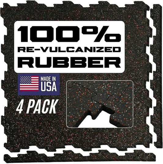 Interlocking Rubber Floor Tiles – Heavy Duty 100% Rubber Gym Flooring for Home Gym, Garage, Workout Room, Equipment Mats, Indoor/Outdoor Mats, Gray Fleck 4-Pack (4, Red/Gray, 22.5" x 22.5")