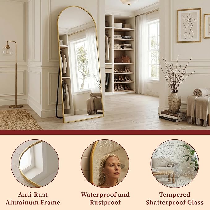 Suidia 78"x38" Arched Full Length Mirror with Stand, Full Body Mirror with Aluminum Frame, Freestanding/Leaning/Wall-Mounted, Floor Mirrors for Bedroom, Living Room, Entryway, Dressing Room, Gold