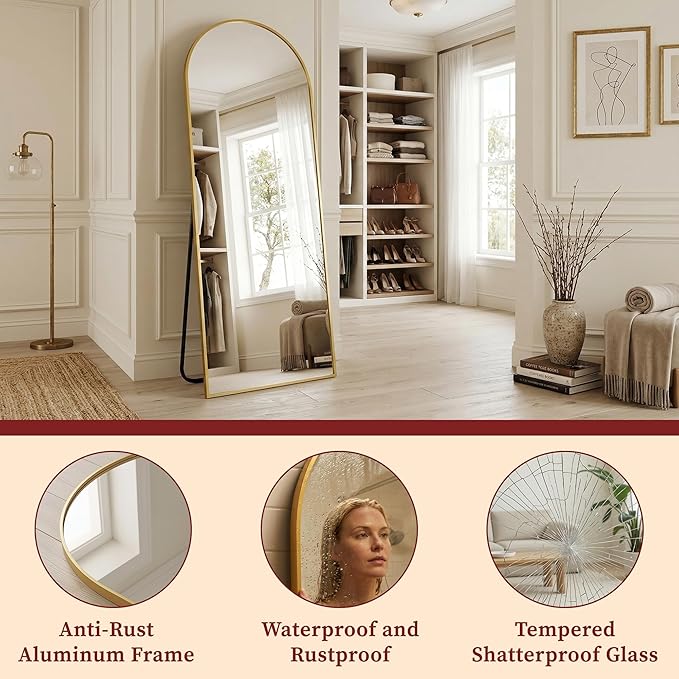 Suidia 58"x18" Arched Full Length Mirror with Stand, Full Body Mirror with Aluminum Frame, Freestanding/Leaning/Wall-Mounted, Floor Mirrors for Bedroom, Living Room, Entryway, Dressing Room, Gold