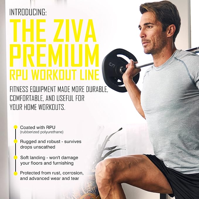 ZIVA 35lb Studio Barbell Weight Set – Adjustable Home Gym Kit with Standard Rubber Urethane Plates, 5' Chrome Bar (1.18" diam) & Collars | Extra Plates Not Included