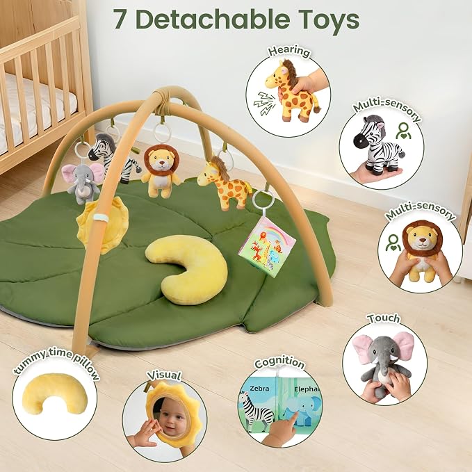 Baby Play Mat, 51.2 x 35.4 in Large Leaf Baby Play Gym for Infants, 1.5 in Thick Tummy Time Mat with 7 Detachable Sensory Toys, Mirror, Crinkle Book & Pillow, Newborn Baby Shower Gift