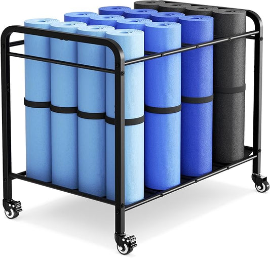 Yoga Mat Storage Rack Basket with Wheels for Foam Rollers, Metal, Home Gym | Floor-standing cart for yoga studios, gyms and fitness classes | Stores dumbbells and kettlebells with workout gear