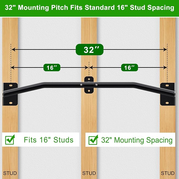 SELEWARE 32"/36" Wall Mount Pull Up Bar Joist Mount Chin Up Bar for Doorway | Heavy Duty Steel Construction Support 450 lb, w/Resistance Band Hooks, Fits 32"/36" Wall Studs for Home Gym Strength Training