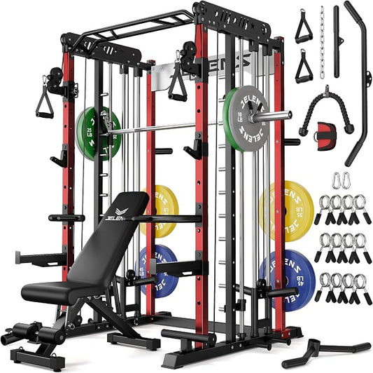 JELENS Smith Machine for Home Gym, Multi-Function M12 Power Cage with Cable Crossover System, Squat Rack with Smith Bar and More Attachment