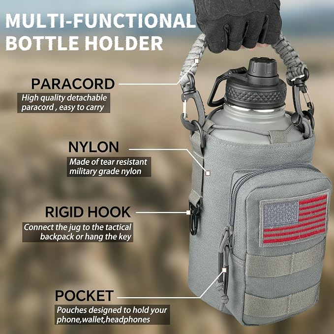 DEFUNX Half Gallon Water Bottle Insulated with Sleeve - Tactical 64 oz Stainless Steel Water Jug with MOLLE Water Bottle Pouch, Gym Water Bottles for Men Hiking Workout (Grey)