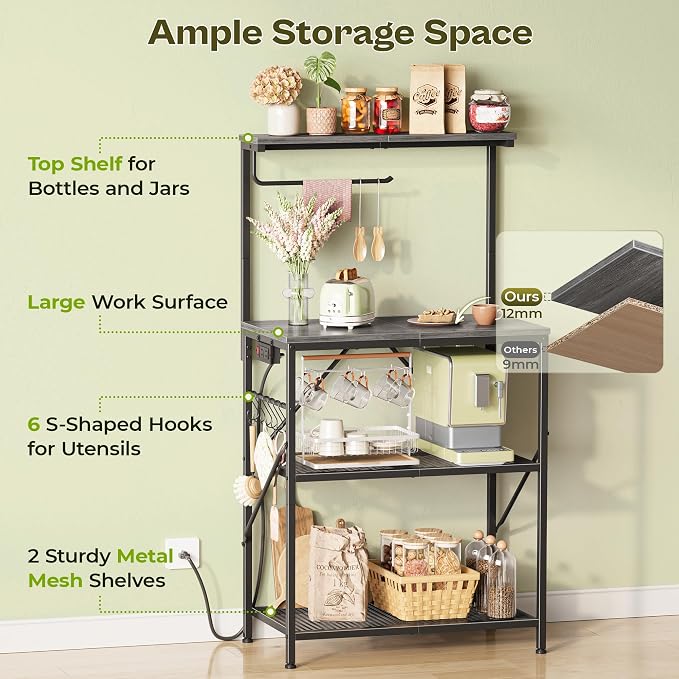 Huuger 4-Tier Bakers Rack with Reversible Power Outlet, 23.6 Inch Microwave Stand, Kitchen Coffee Bar, with Top Shelf, 6 S Hooks, Grey