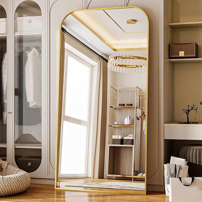Oversized Full Length Mirror 76"x34" Arched Floor Standing Mirror | Large Full Body Mirrors with Stand - with Aluminum Frame for Bedroom Living Room, Gold