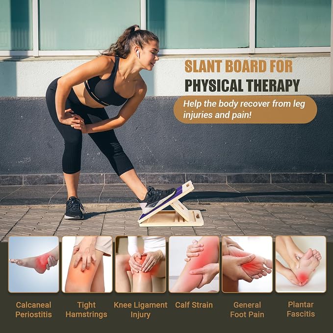 Wooden Slant Board for Calf Stretching, Portable Adjustable Calf Stretch Board with Training Poster & Resistance Bands, 300lb Weight Capacity Calf Ankle Achilles Physical Therapy Leg Exercisers