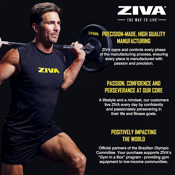 ZIVA Olympic Weight Plate – Premium Urethane-Coated Grip Disc with 2" Stainless Steel Insert and 3-Position Handle – Sold Individually (2.5–45 lb) Does not fit Standard Studio Barbell