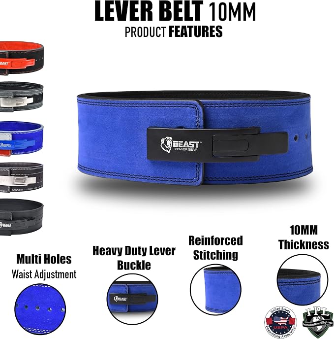 Beast Power Gear Weight Lifting Belt Lever Buckle 10MM 13MM Thick & 4 Inches Free Strap Weightlifting, Powerlifting, Deadlifts, Squats Men Women