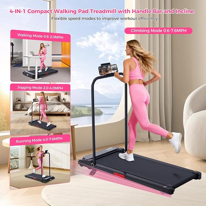 Portable Walking Pad Treadmill with Handle Bar and Incline for Home 0.6-7.6MPH Under Desk Treadmill for Home Small, 350LBS Small Treadmills with Handles, 3.0HP Treadmills for Exercising