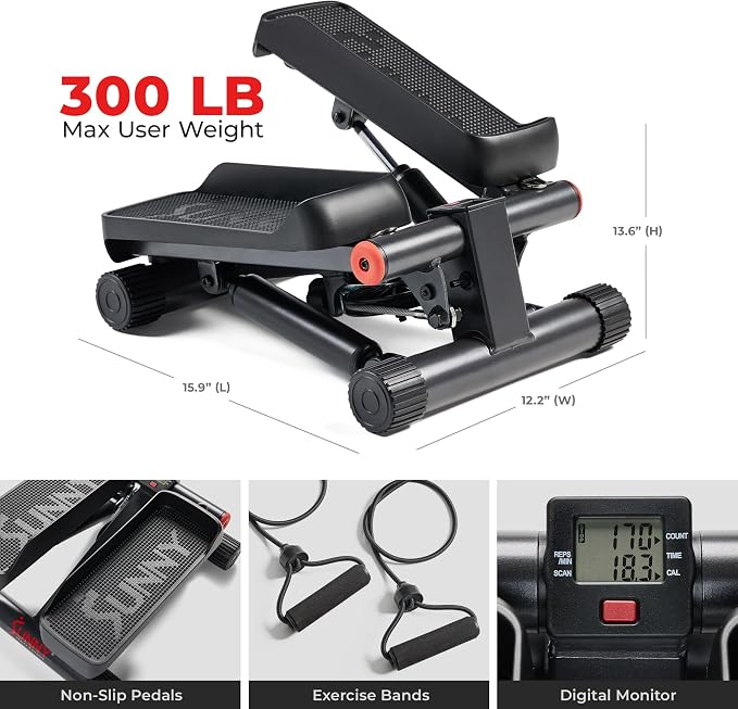 Sunny Health & Fitness Mini Stair Stepper w/Resistance Bands for Home Gym | Full Body Cardio, Adjustable Step Height, Hydraulic Resistance, LCD Meter, No Assembly, 300 lb Capacity, SunnyFit App