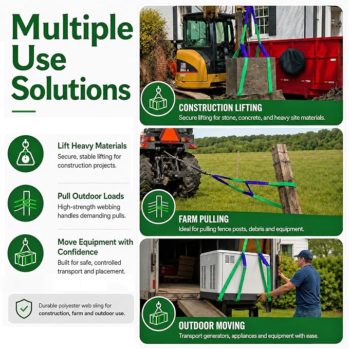 2" x 8' Lifting Sling Straps Polyester Web Slings 4400 Lbs Vertical, 3520 Lbs Choker, 8800 Lbs Basket 2-Pack (Green/Purple)