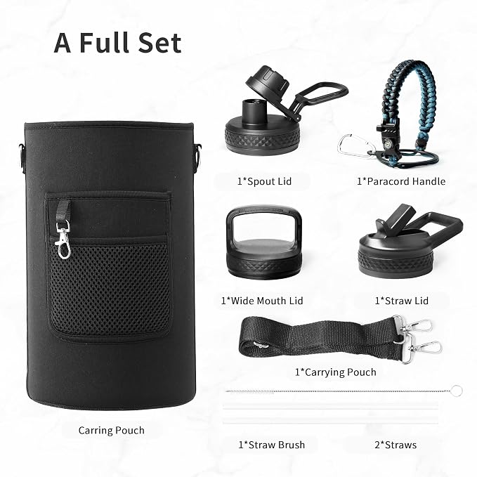 Trebo One Gallon Water Bottle Insulated with 3 Lids, Paracord Handle & Bag | 128 oz Large Stainless Steel Water Jug, Triple Wall Vacuum Copper Plated, Dishwasher Safe, Keeps Cold 48 Hrs for Hiking, Gym