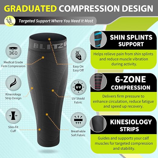 BLITZU Calf Compression Sleeves, 3 Pairs, Shin Splint Relief Running Socks | Footless Compression Socks for Men and Women, Leg & Muscle Support, Reduce Swelling, Pain, Fast Recovery for Travel, Fitness