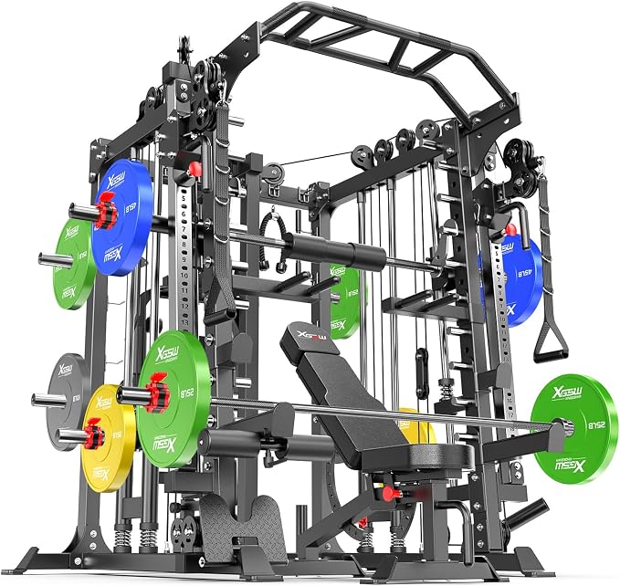 Smith Machine，Multi-Function Squat Rack Power Cage with Cable Crossover System,with Optional Weight Bench, Olympic Barbell Weight Set, for Home Gym
