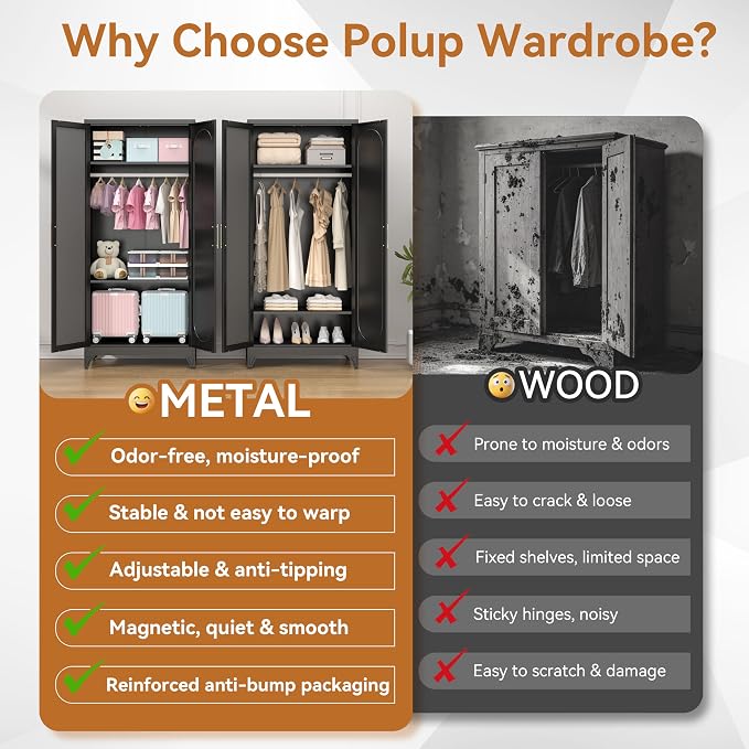 Polup Metal Armoire Wardrobe Closet with Mirror, Clothing Storage Cabinet | 71" Heavy Duty Steel Wardrobe Cabinet with Hanging Rod & Adjustable Shelves for Bedroom, Office, Clothes Organizer, Black