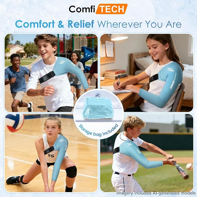 ComfiTECH Youth Shoulder Arm Ice Pack Wrap for Young Pitchers, Medium | Gel Shoulder Arm Sleeve for Young Throwing Athletes, Flexible Cold Compression for Arm Discomfort & Post-Training Recovery