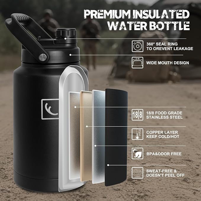 NATURE PIONEOR 128oz/1 Gallon Tactical Water Bottle with MOLLE Bottle Pouch | 18/8 Food-grade Stainless Steel, Double Vacuum Insulation, Wide-Mouth, Straw & Spout Lid, Strap, Camping, Hiking, Gym, Work