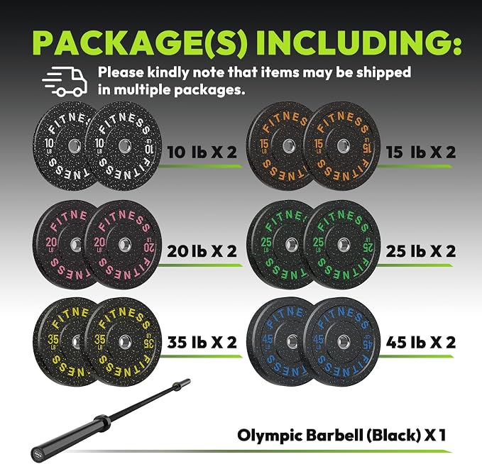 HANDBODE Olympic Barbell Set, 2-Inch Bumper Plates with Weight Plate Rack | Colored Crumb Rubber Weight Plates for Weight Lifting & Strength Training, 90–530 lb Set with 45 LB (20 kg) Olympic Barbell